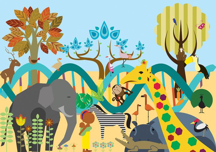 Colourful image with animals and plants interconnected by a DNA strand